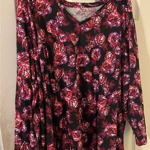 Woman Within Floral Long Sleeve Top - Red and Purple